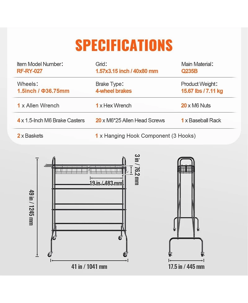 Mecale 4-Tier Rolling Basketball Rack with Wheels, Hooks & Baskets, Sports Equipment Storage Organizer for Garage, Balls & Gear