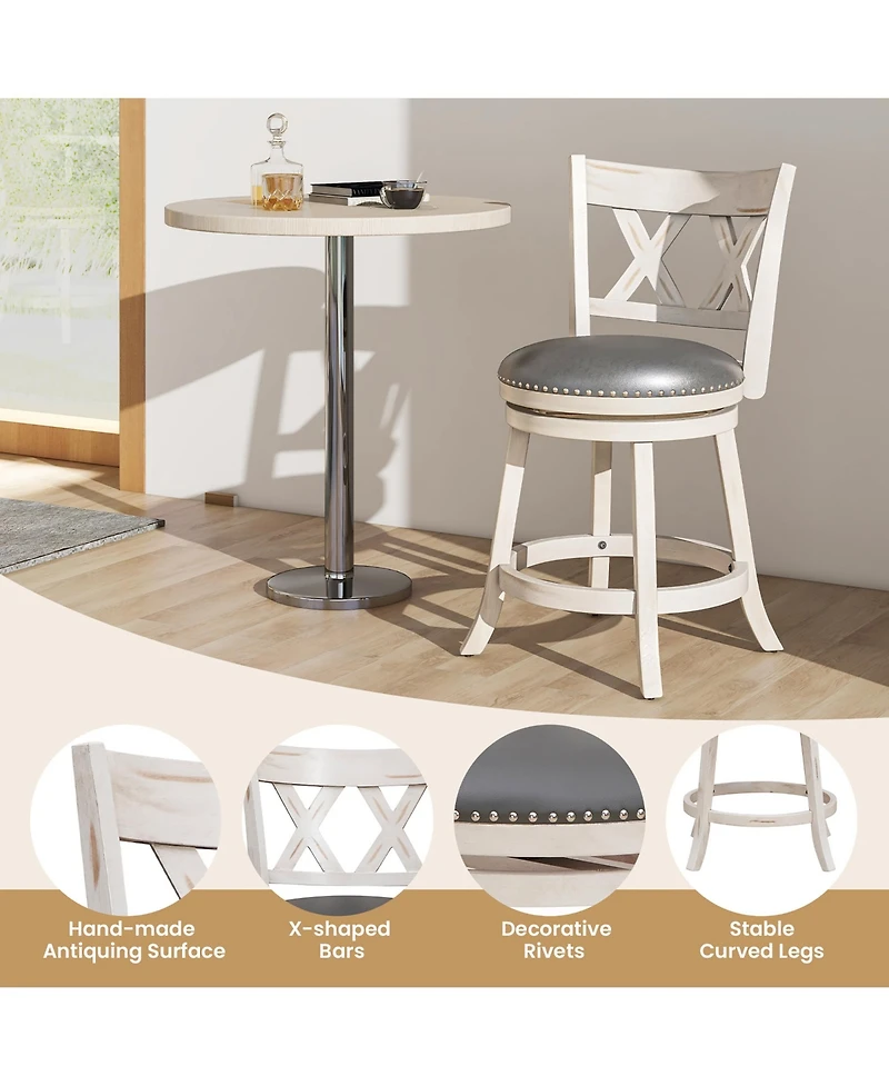 Gymax 25.5'' Swivel Bar Stools Set of 4 Solid Wood Stools w/ X-shaped Backrests Antique