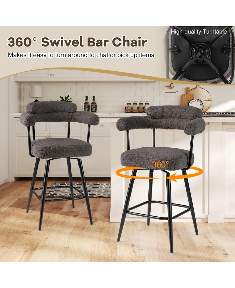 Sugift Swivel Bar Stool Set of 2 Counter Height Chairs with Curved Back and Arms
