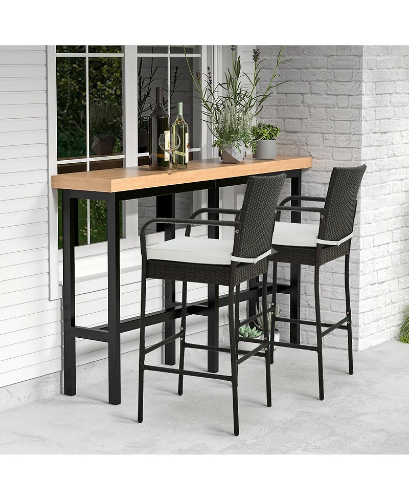 Gymax Set of 2 Wicker Bar Stools Set Outdoor High Back Bar Counter Chairs w/ Cushions