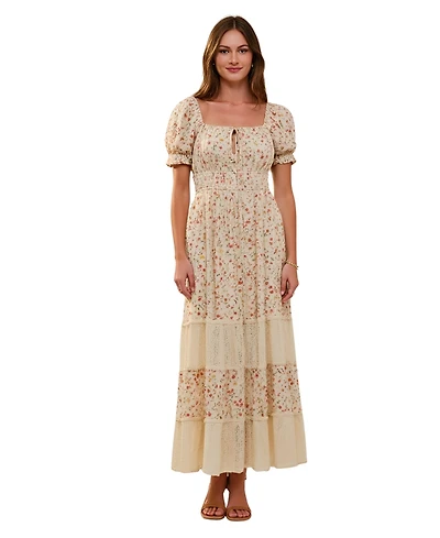 Modenaire Women's Floral Puff-Sleeve Smocked-Waist Maxi Dress