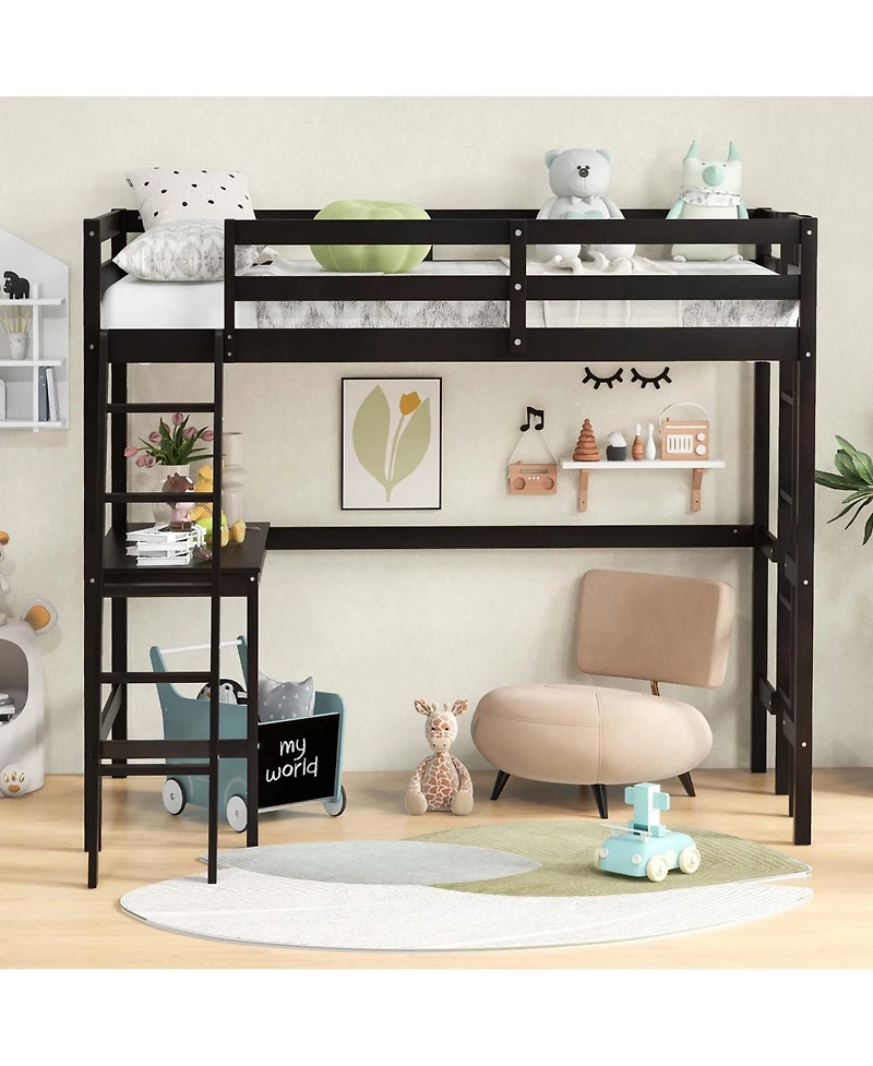 Costway Loft Bed w/ Desk & Shelf 2 Ladders Guard Rail for Kids Teens Bedroom
