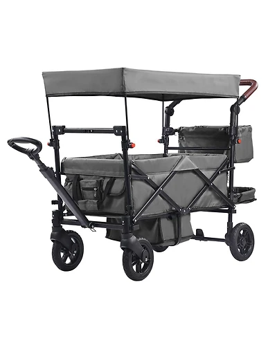 Mecale Wagon Stroller for 2 Kids, Collapsible Push Pull Quad Stroller with Adjustable Handle, Harness, Removable Canopy