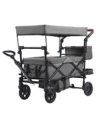 Mecale Wagon Stroller for 2 Kids, Collapsible Push Pull Quad Stroller with Adjustable Handle, Harness, Removable Canopy