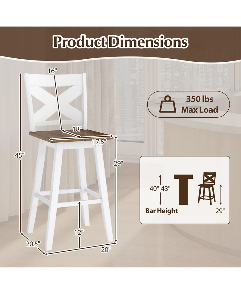 Sugift 29" Rubberwood Swivel Barstools Set of 2 with Backrest and Large Seat