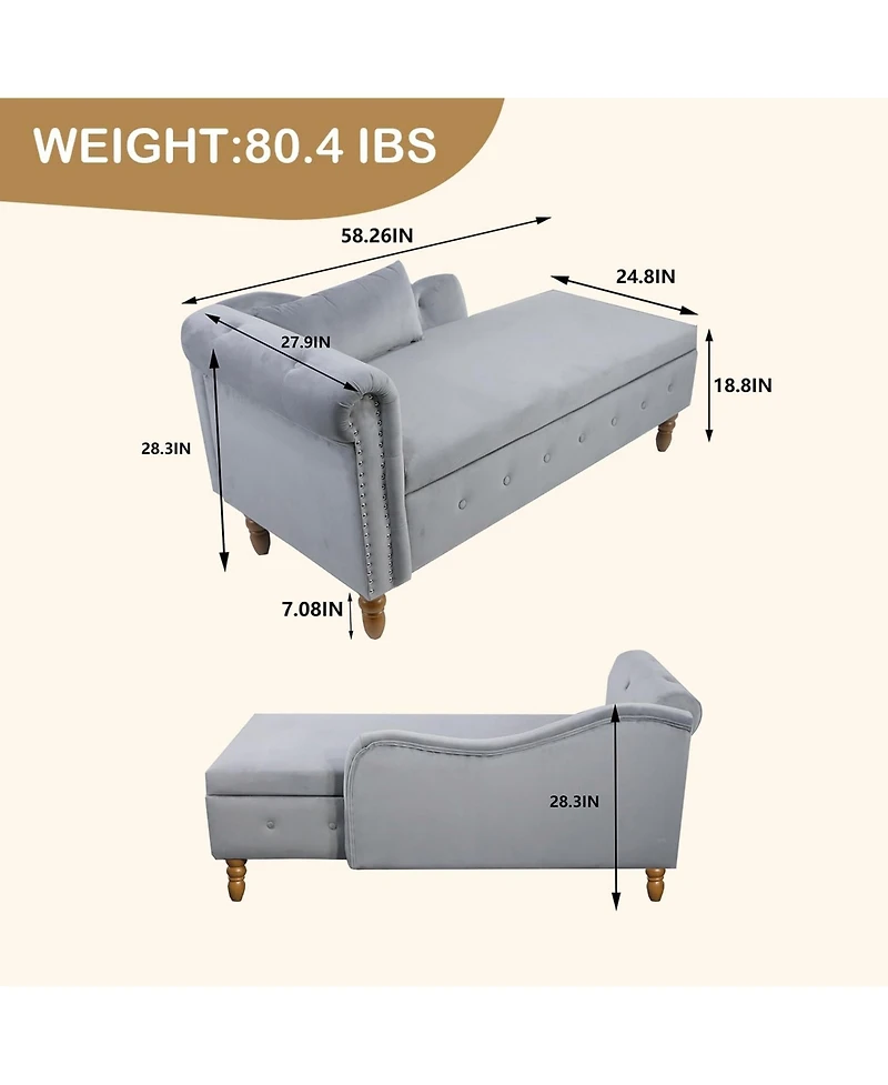 Rainsken Velvet Upholstered Chaise Lounge Chair, Modern Rolled Armrest Accent Chair with Hidden Storage, Nailhead Trim and Pillow for Living Room