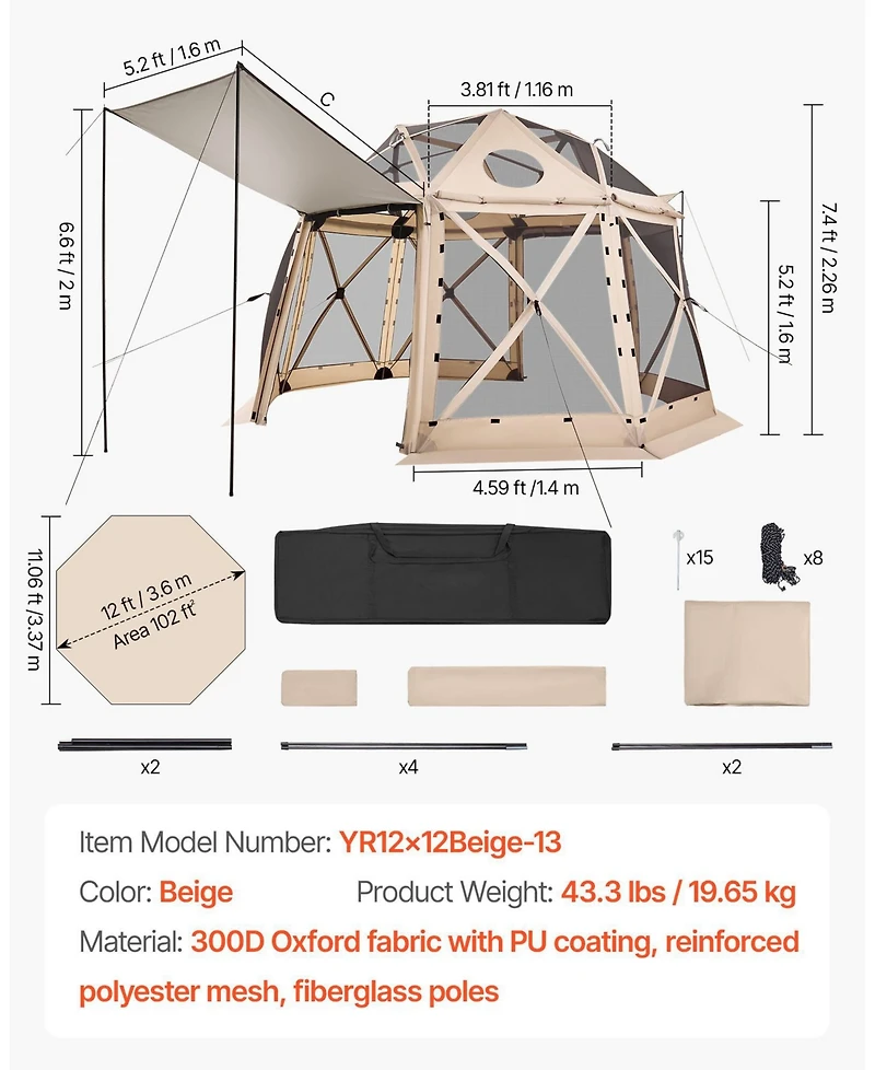 Mecale 12 x 12 Ft Pop-Up Spherical Gazebo Screen Tent for 8-10 People