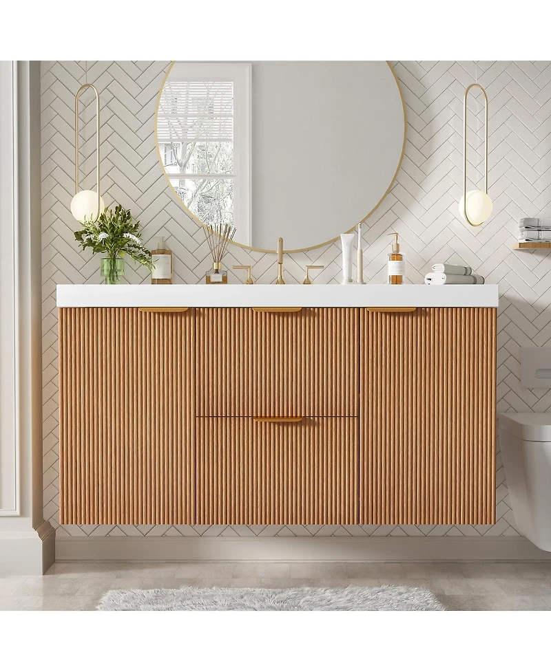 Sillysis Sink Bathroom Vanity Wall Mounted, Soft Close Drawers, Ample Storage, Smc Countertop and Wood Grain Mdf Cabinet