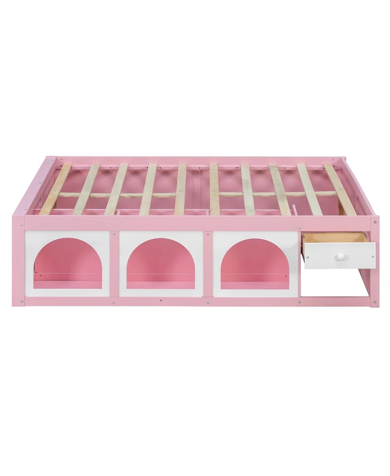 Rainsken Modern Wooden Full Size Platform Bed Frame for Kids Teens, Integrated with Bookshelf, Side Display Cabinet, Led Lighting and Storage Drawer