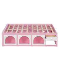 Rainsken Modern Wooden Full Size Platform Bed Frame for Kids Teens, Integrated with Bookshelf, Side Display Cabinet, Led Lighting and Storage Drawer