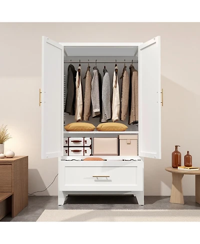 Rainsken 60 Inch Tall Farmhouse Armoire Wardrobe Closet, Clothing Storage Cabinet with 2 Doors, 1 Drawer and Hanging Rod for Bedroom