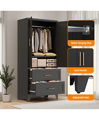 Rainsken 71" Tall Metal Armoire Wardrobe Closet, Clothing Storage Cabinet with 2 Doors, 2 Drawers, Hanging Rod and Shelf for Bedroom