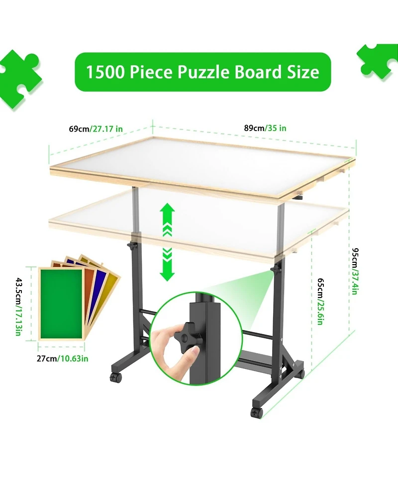Rainsken Wooden 1500 Piece Puzzle Table with 4 Drawers, Rolling Wheels, Adjustable Height and 360degree(s) Tilting Surface for Adults, 35" x 27.17"