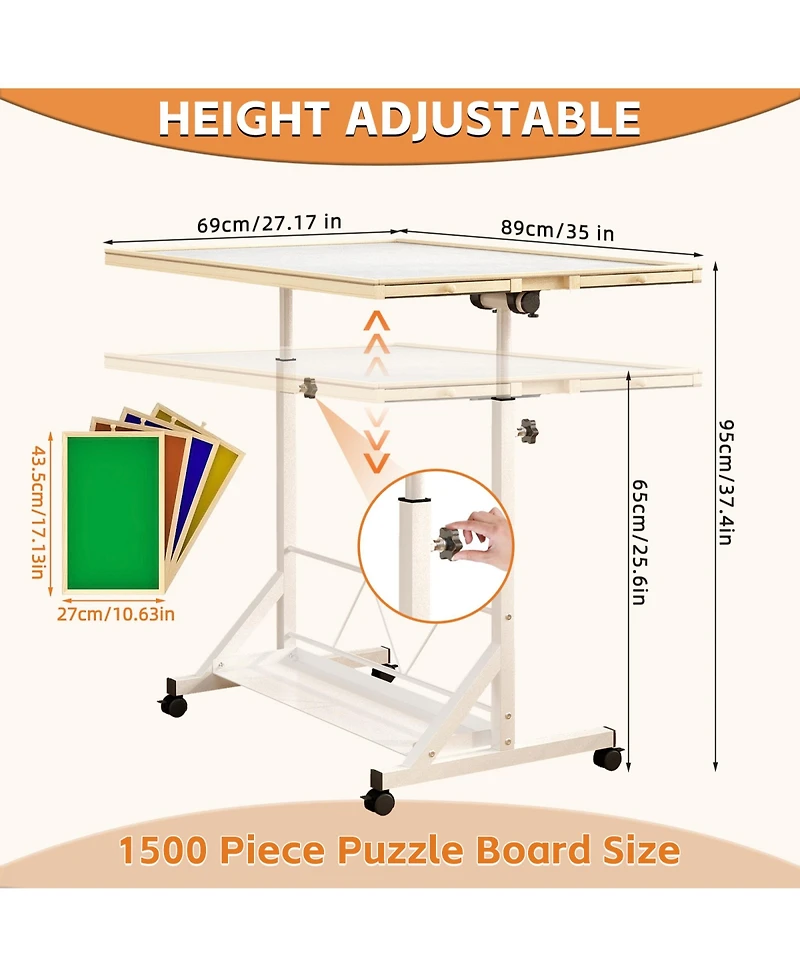 Rainsken Adjustable Puzzle Table for 1500 Pieces, 35" x 27.17" Jigsaw Station with 4 Drawers, Rolling Casters and 360degree(s) Tilting Top for Adults