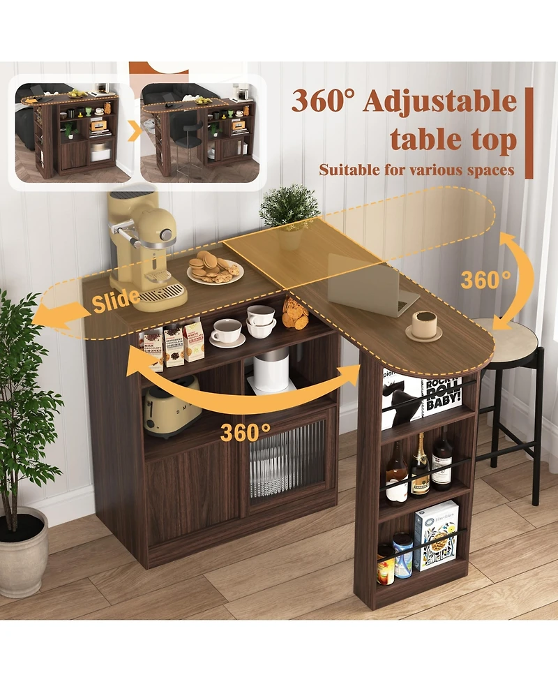 flynama Modern Bar Cabinet with Rotating Top and Ribbed Glass Doors