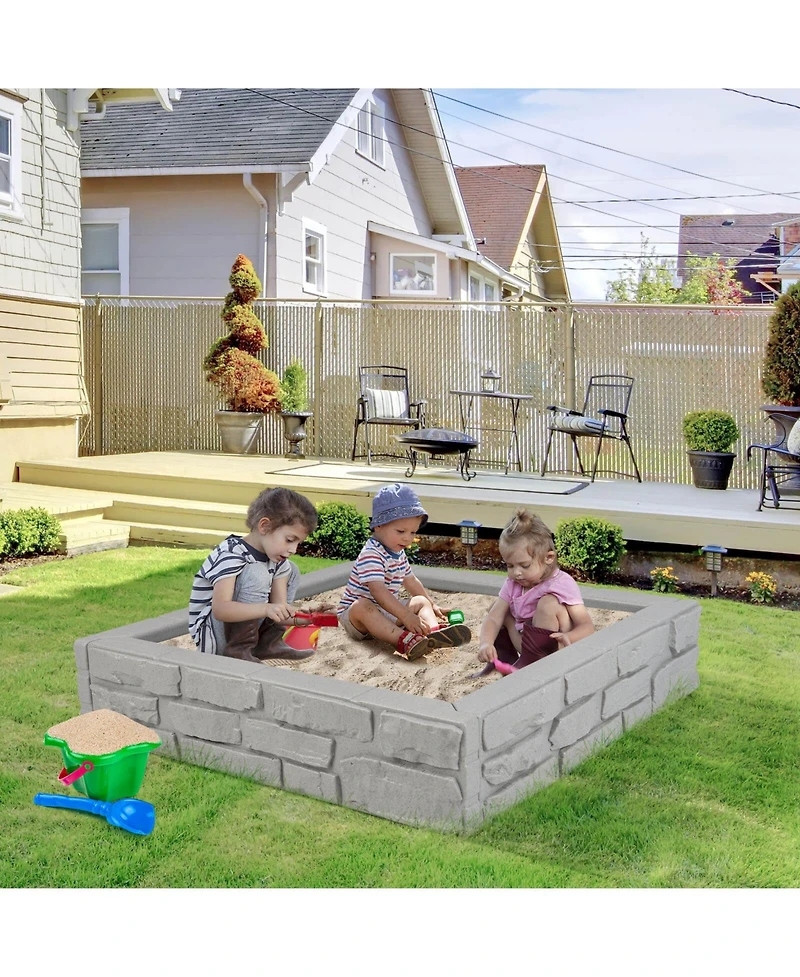 Costway Kids Sandbox with Cover Bottom Liner Backyard Beach Hdpe Sandpit for Outdoor Play