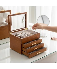 Yigii 3-Layer Clear Window Wood Grain Jewelry Organizer Box for Earrings Bracelets Necklaces Rings High Capacity Storage Gift