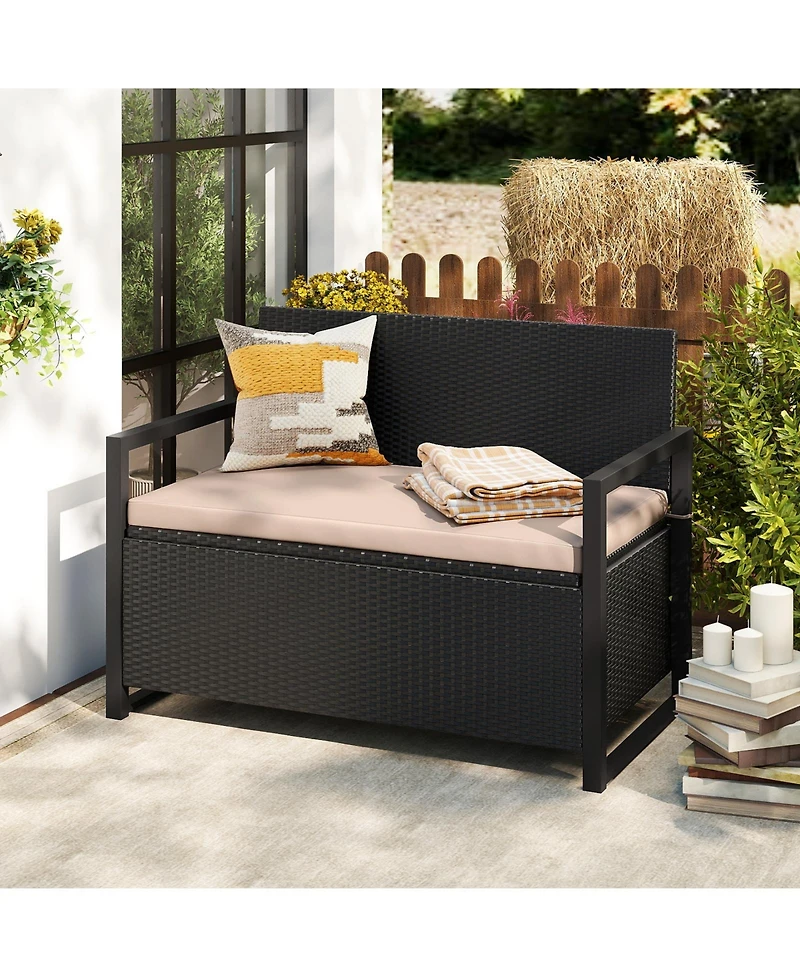 Gouun Wicker Loveseat Storage Bench with 40-Gallon Compartment and Cushion
