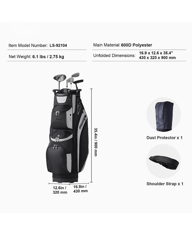Mecale Golf Cart Bag with 14-Way Divider Top, 36" Premium Cart Bag with 13 Pockets, Handles, Dust Cover & Detachable Straps