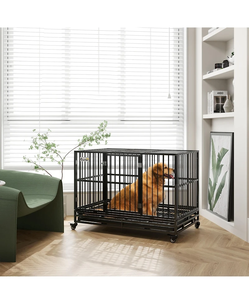Aostirmotor 48" Heavy Duty Metal Dog Crate Kennel with Lockable Wheels, Double Door and Removable Tray