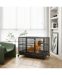 Aostirmotor 48" Heavy Duty Metal Dog Crate Kennel with Lockable Wheels, Double Door and Removable Tray