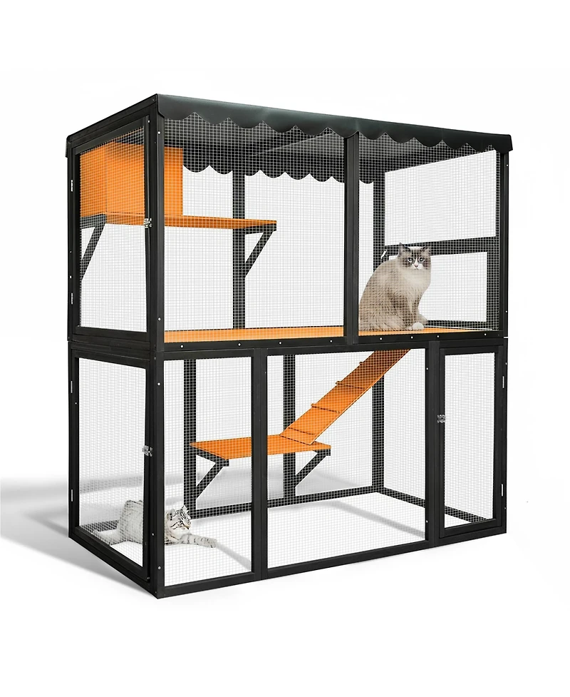 Aostirmotor Wooden Cat Enclosure, Large 4-Tier Catio for Multiple Cats, Indoor-Outdoor Cat House with Ramp