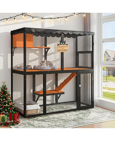 Aostirmotor Wooden Cat Enclosure, Large 4-Tier Catio for Multiple Cats, Indoor-Outdoor Cat House with Ramp