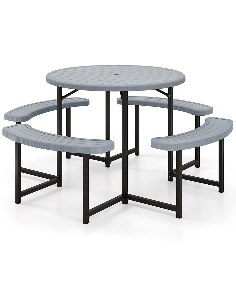 Sugift Round Picnic Table Bench Set with 4 Benches and Umbrella Hole for Patio Lawn.