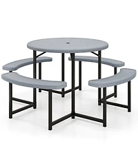 Sugift Round Picnic Table Bench Set with 4 Benches and Umbrella Hole for Patio Lawn.