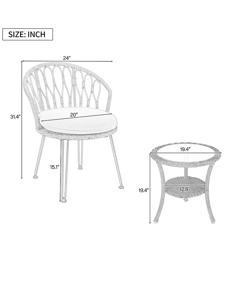 Rainsken 3 Pieces Rattan Bistro Set, Wicker Patio Chairs Set of 2 with Glass Round Table, Wicker Balcony Furniture for Porch, Backyard, Garden