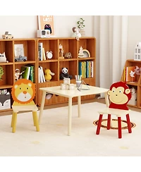 Rainsken 3 Piece Wood Table and Chair Set, w/ 2 LionandMonkey Animals Chairs, Wood Activity Tables Drawing Play Table Set, for Age 2-6 Boy Girl