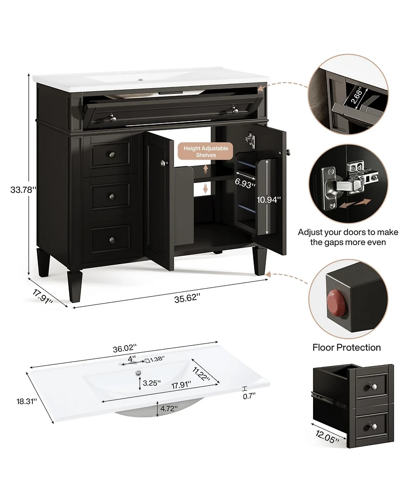 Tribesigns Bathroom Vanity with Sink, Modern Bathroom Sink Cabinet with 4 Drawers and 2 Doors, Bath Storage Vanity Sink with Paint Surface