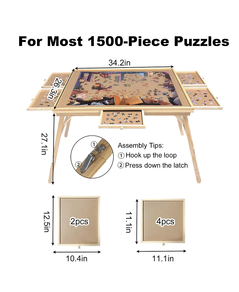 Rainsken 27" H Tall 1500 Piece Puzzle Table, Large Wood Jigsaw Puzzle Board with Legs and 5 Drawers, Folding Puzzle Board Game Table for Adults