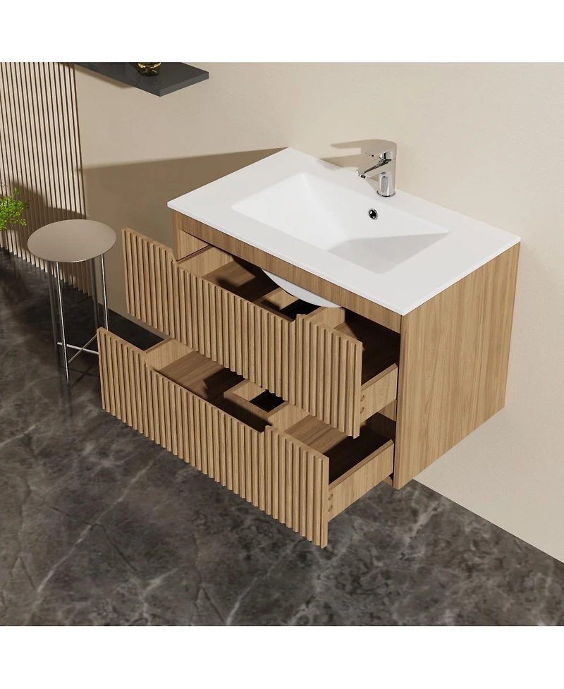 Sillysis Walnut Freestanding Bathroom Vanity with Sintered Stone Top, Ceramic Sink, Soft Close Storage, Stainless Steel Legs-Sillysis