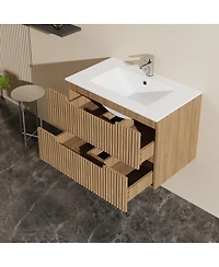 Sillysis Walnut Freestanding Bathroom Vanity with Sintered Stone Top, Ceramic Sink, Soft Close Storage, Stainless Steel Legs-Sillysis