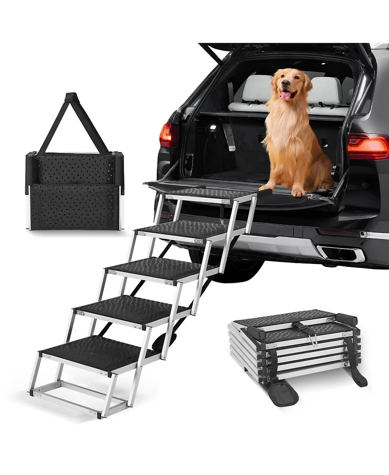 Aostirmotor 5-Step Folding Dog Stairs for Cars, Aluminum Pet Steps Loads up to 150 lbs, Portable Dog Ladder
