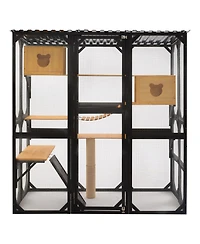 Aostirmotor Outdoor Wooden Catio, Fir Wood Cat Enclosure with Sleeping House and Jumping Platforms, Secure Cat Playpen, Black and Natural