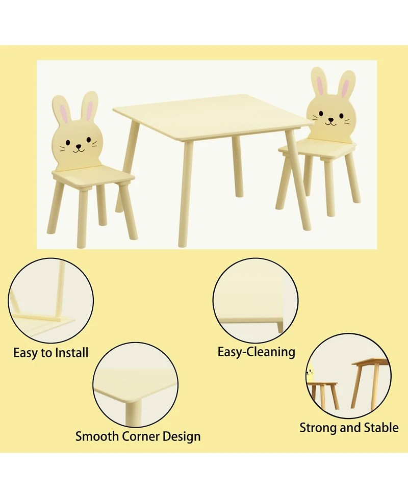 Rainsken 3 Piece Kids Table and Chairs Set, with 2 Bunny Chairs, Activity Play Table Set, for Study, Drawing, Play, Boys and Girls Gift for Ages 2+