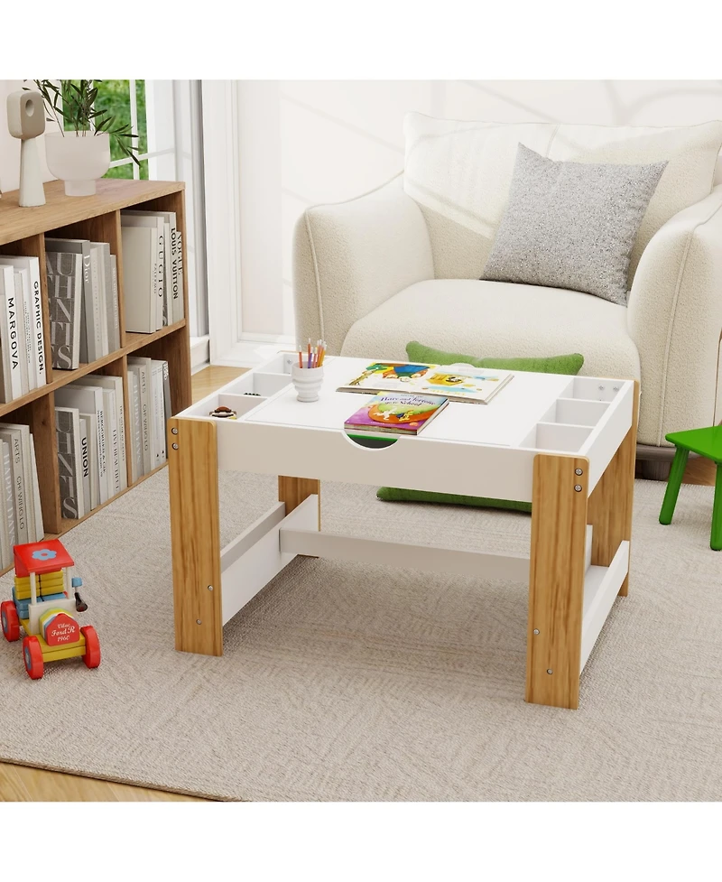 Rainsken Kids 2 in 1 Play Table with 7 Storage Compartments and Bookshelf, Modern Activity Learning Table Game Furniture