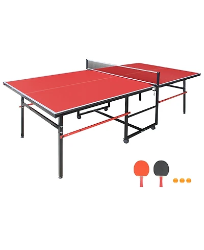 Rainsken Foldable Portable 8FT Table Tennis Table, All-Inclusive Family Ping Pong Set with Net, Dual Rackets and 3 Balls for Home Entertainment