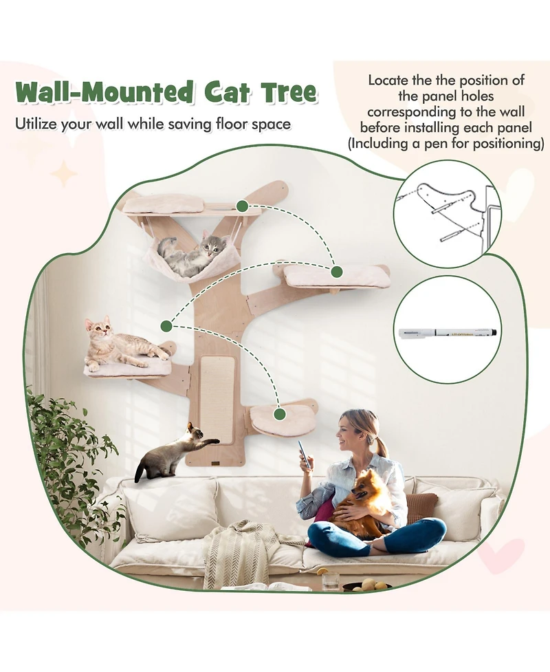 Cozito Cat Tower Wall-Mounted with Hammock Platforms Sisal Mat