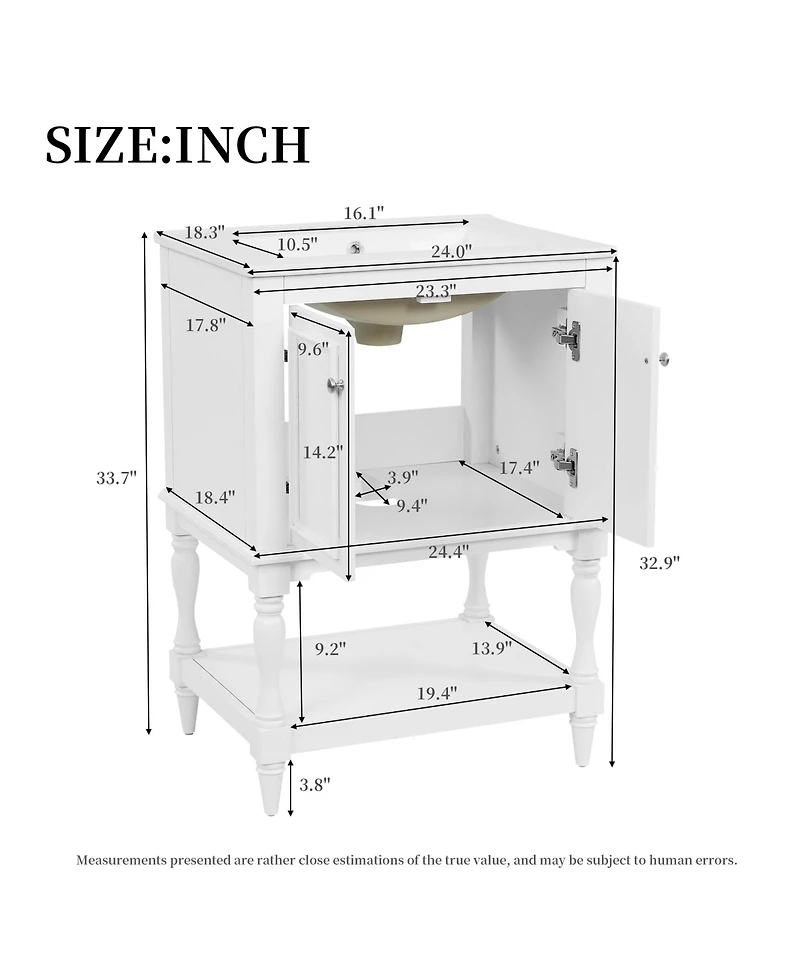Busdays 24 Inch Modern Luxury Bathroom Vanity with Ceramic Sink Open Shelf and Closed Storage Cabinet Freestanding Design