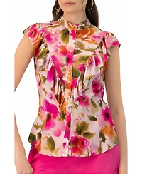 Ivonne Women's Sleeveless Floral Blouse with Ruffle Detail