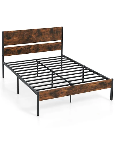 Sugift Full Size Metal Bed Frame with Wooden Headboard and Footboard
