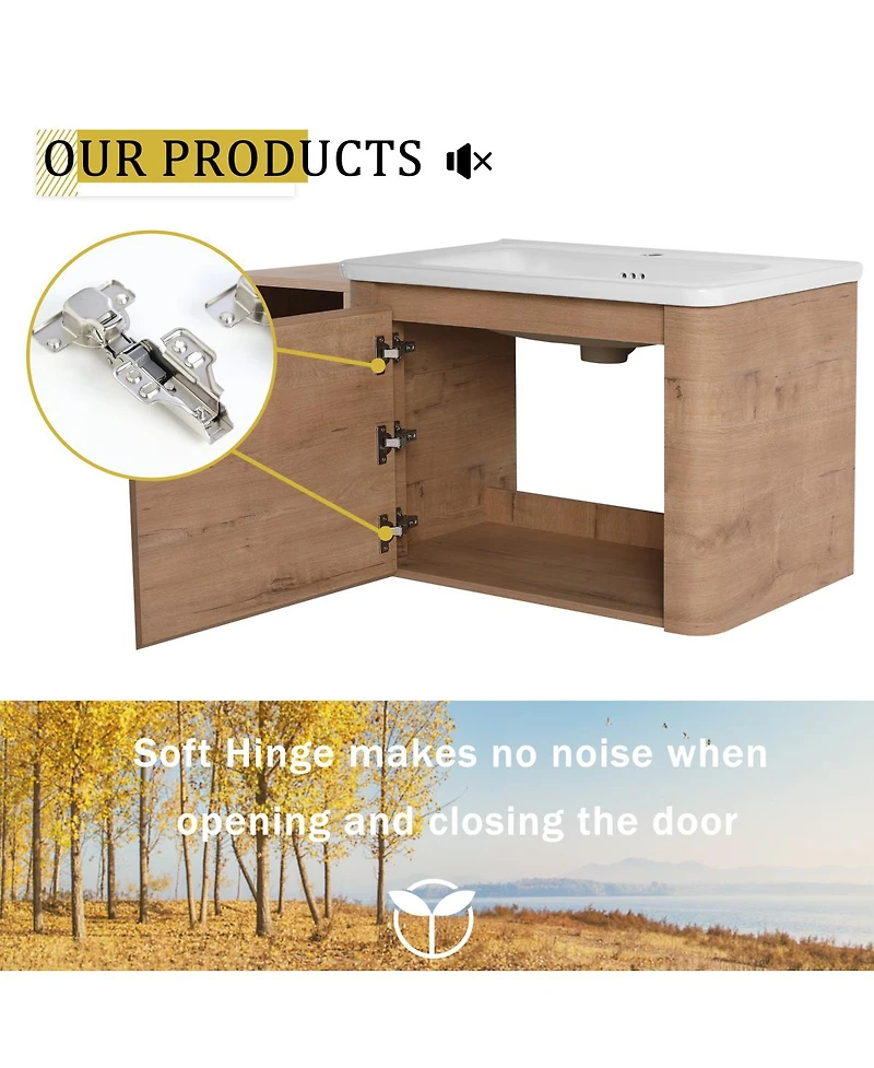 Sillysis Inch Wall Mounted Bathroom Vanity with Ceramic Sink, Storage Shelves