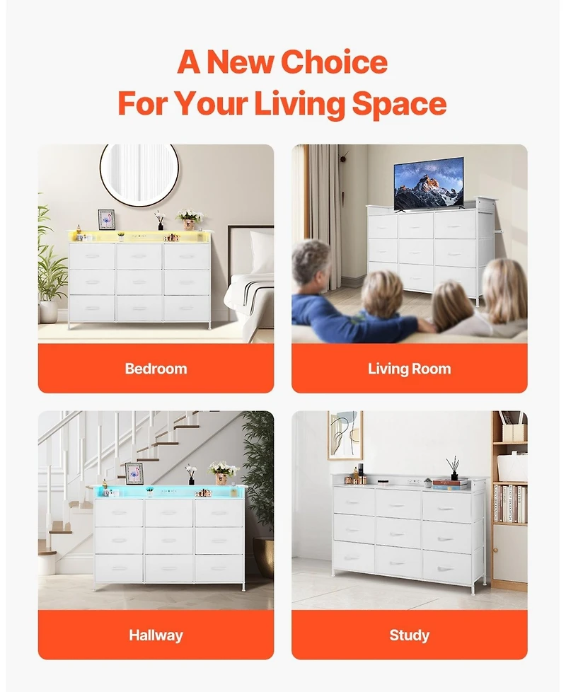 Gouun Led 9-Drawer Fabric Dresser with Built-In Outlet and Metal Frame