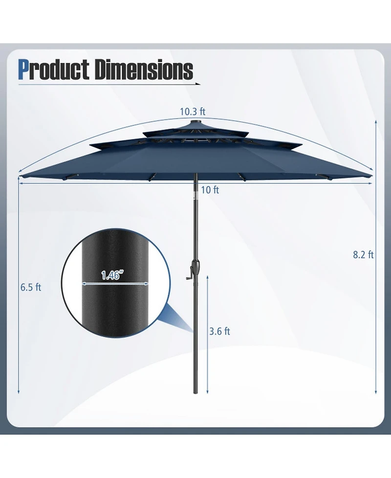Gouun 10 ft Solar Patio Umbrella with 32 Led Lights and Three-Tier Vented Canopy