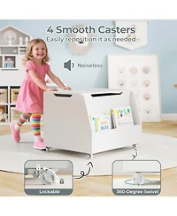 Sugift Wooden Mobile Toy Storage Organizer with Bookshelf and Lockable Wheels