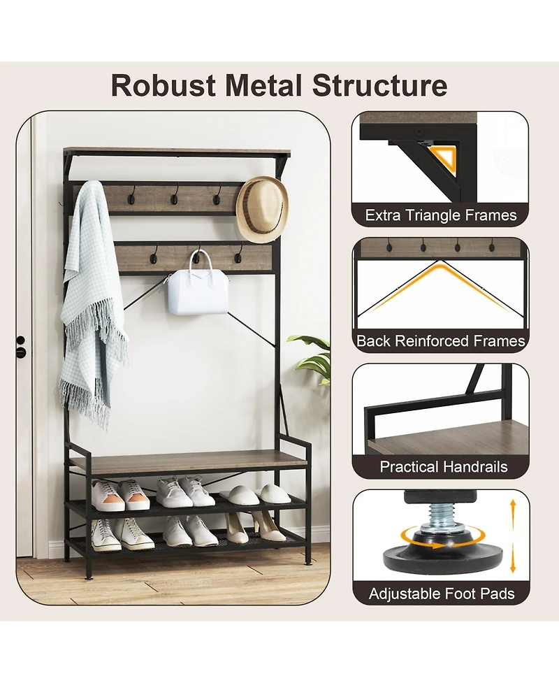 Sugift Coat Rack 4-In-1 Hall Tree with 11 Hanging Hooks Shoe Bench