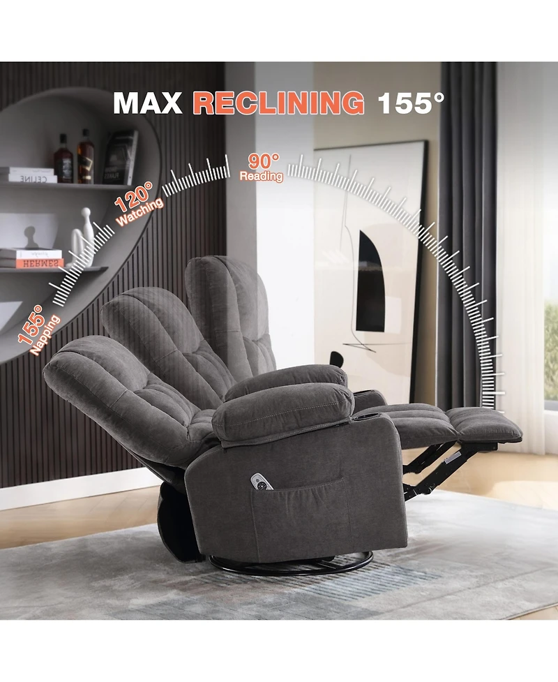 Rainsken Massage Swivel Rocker Recliner Chair with Vibration Massage and Heat, Oversized Single Sofa with 2 Cup Holders, Usb Port for Living Room